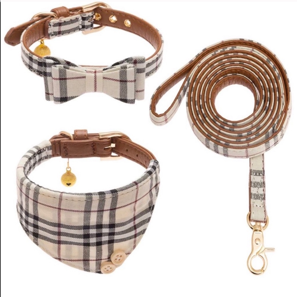 Dog Collars and Leash Set plaid with Bandana New